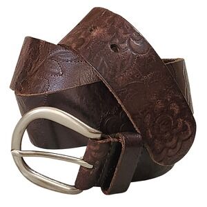 Fossil Brown Leather Belt Embossed Floral Pattern Western Silver Hardware Large